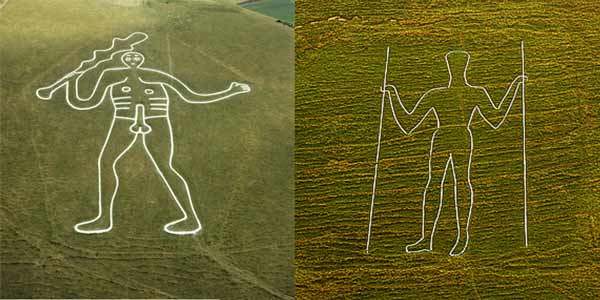 Images of The Long Man of Wilmington and the Cerne Giant.